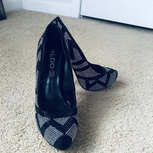 Women Black and Silver Rhinestones Shoes with suede Heels